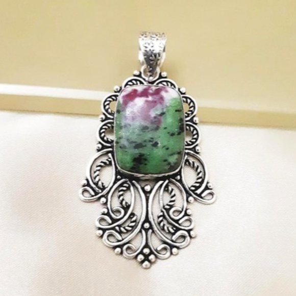 Ruby Zoisite (pd3) Pendant Natural Gems Green Purple Filigree Silver Art 2.5" L - Picture 6 of 10